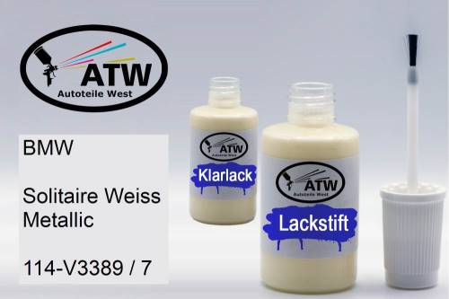 BMW, Solitaire Weiss Metallic, 114-V3389 / 7: 20ml Lackstift + 20ml Klarlack - Set, von ATW Autoteile West.